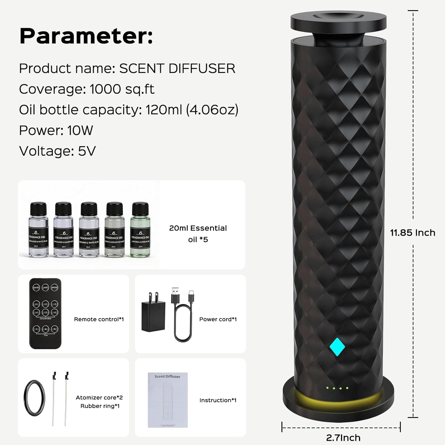 Waterless Scent Diffuser Starter Kit – Remote Control Cold Air Scent Diffuser Oil Machine with 5 Oils 1000 Sq Ft Coverage Quiet Nebulizing Aromatherapy for Home Office Bedroom & Spa