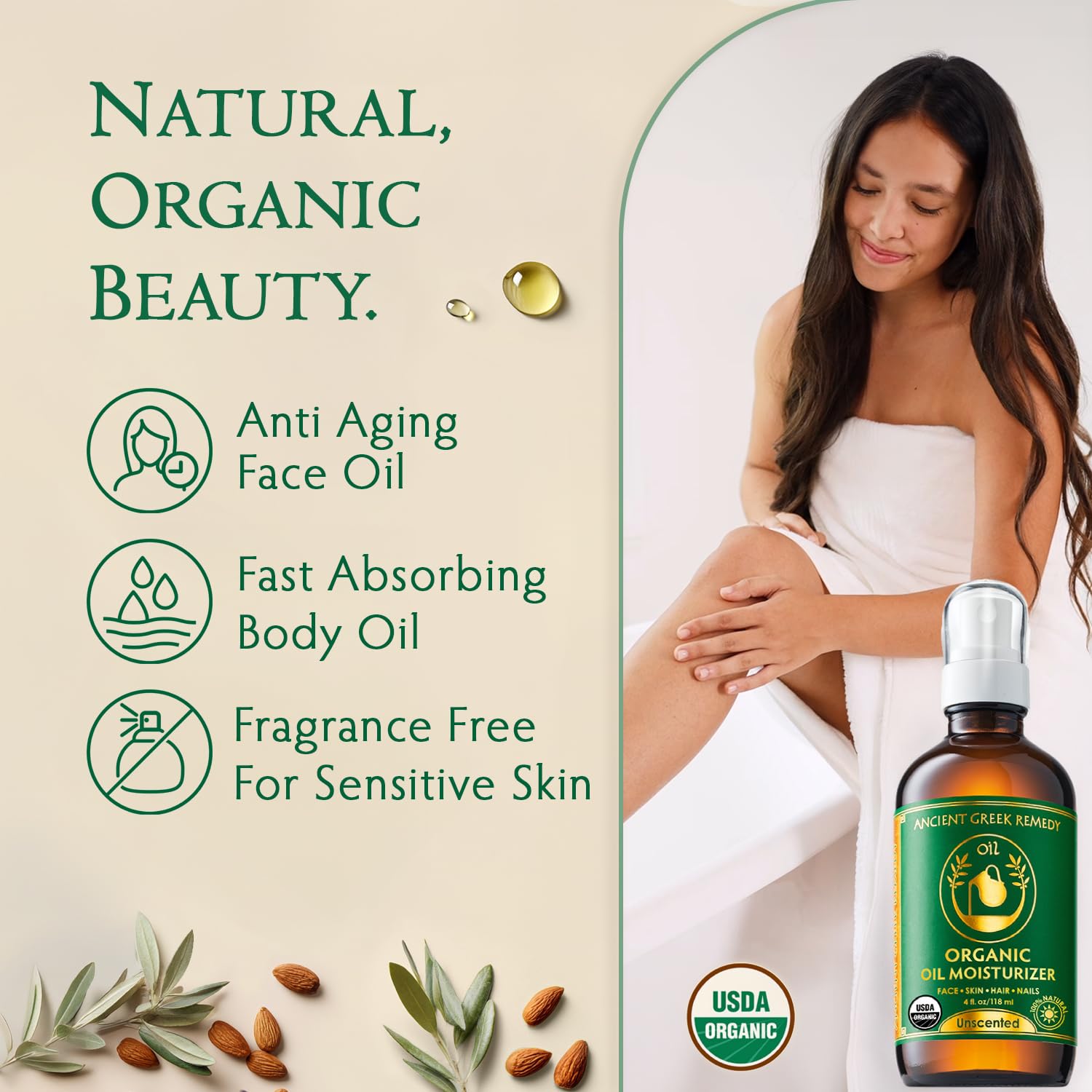 Ancient Greek Remedy Face Oil for Dry Skin - Organic Unscented Anti-Aging Serum - Jojoba, Rosehip, Almond, Olive, Vitamin E - Facial Gua Sha oil - Natural Body Moisturizer for Women & Men 4 oz