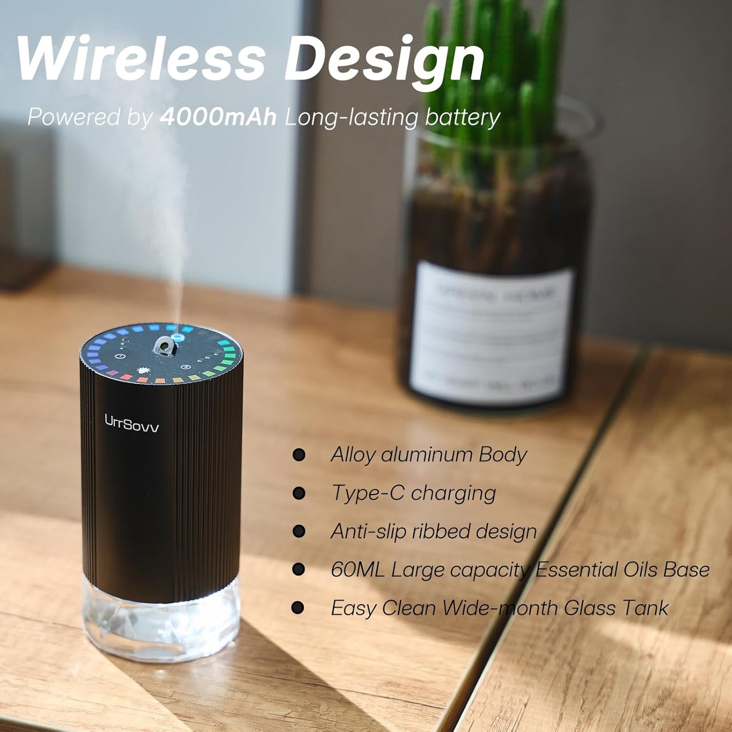 Waterless Car Diffuser for Essential Oils Wireless Battery Operated Car Diffuser Portable Cordless 60ML Air Freshener Diffuser 3 Timers & 3 Mist Levels for Car Home Bedroom Travelling (Gold)