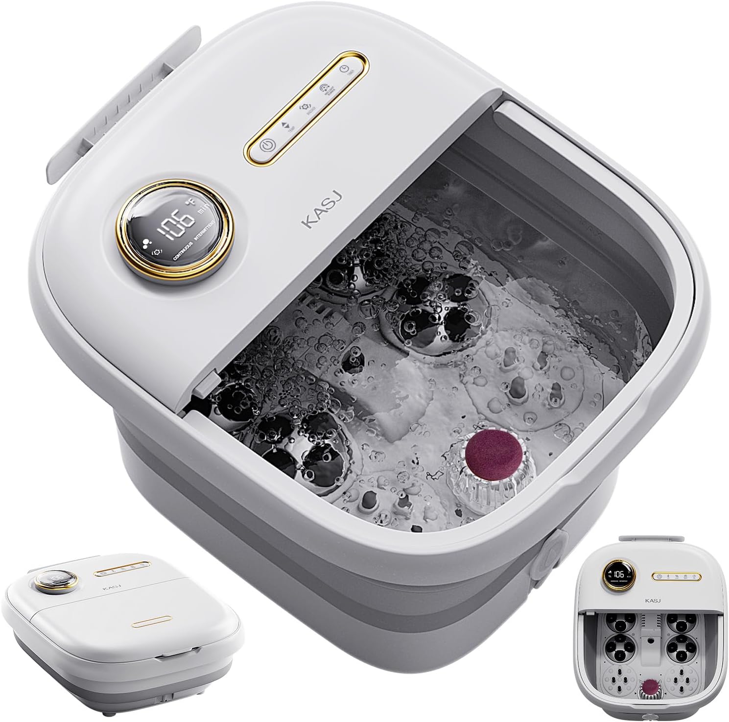 KASJ Collapsible Foot Spa with Electric Rotary and Hydro-Jet Massage, Foot Bath with Heat, 24 Shiatsu Nodes (16 Rotating and 8 Pressing), Bubble, Temp Control, Pedicure Foot Spa Tub for Stress Relief