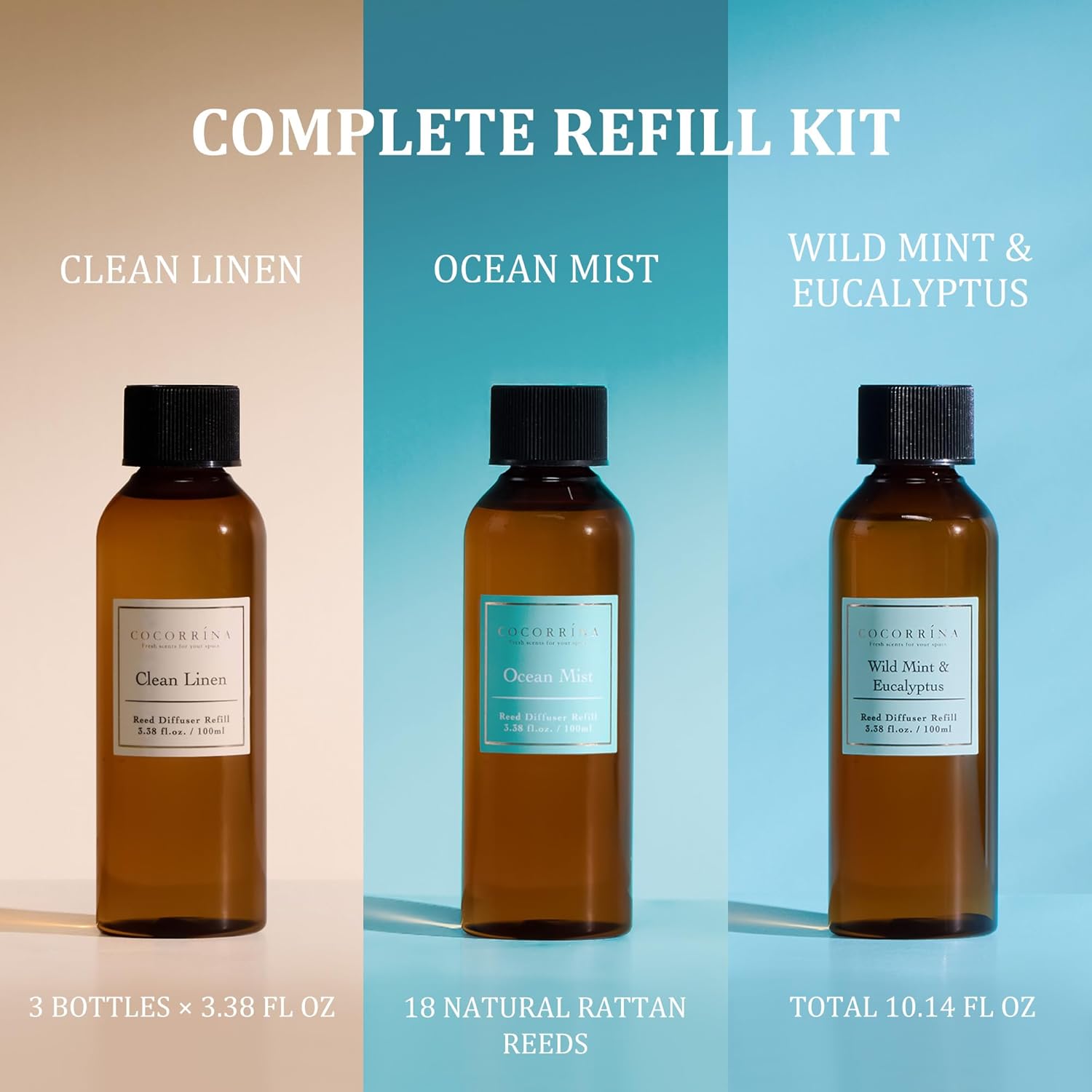 COCORRÍNA Reed Diffuser Refill Set, 10.2oz Scented Oil Refill 3 Pack, Clean Linen, Ocean Mist, Eucalyptus & Moss, Long Lasting Oil Diffuser Refill with 18 Sticks for Bathroom & Bedroom