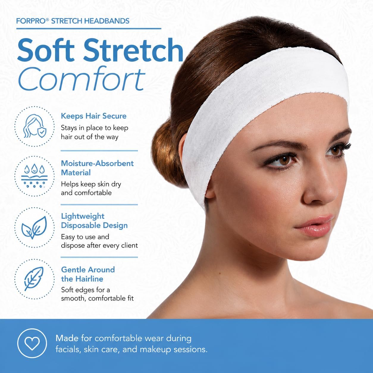 ForPro Professional Collection Stretch Headbands - Moisture Absorbent Disposable Spa - 2.25” W x 18” C - 48-Count