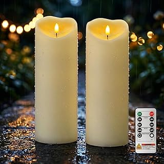 Amagic 4” x 12” Extra Large Waterproof Outdoor Flameless Candles, IP65 Water-Resistant Battery Operated with Remote and Timer, Flickering LED Pillar Candle for Outdoor Patio Porch Decor, Dark Ivory