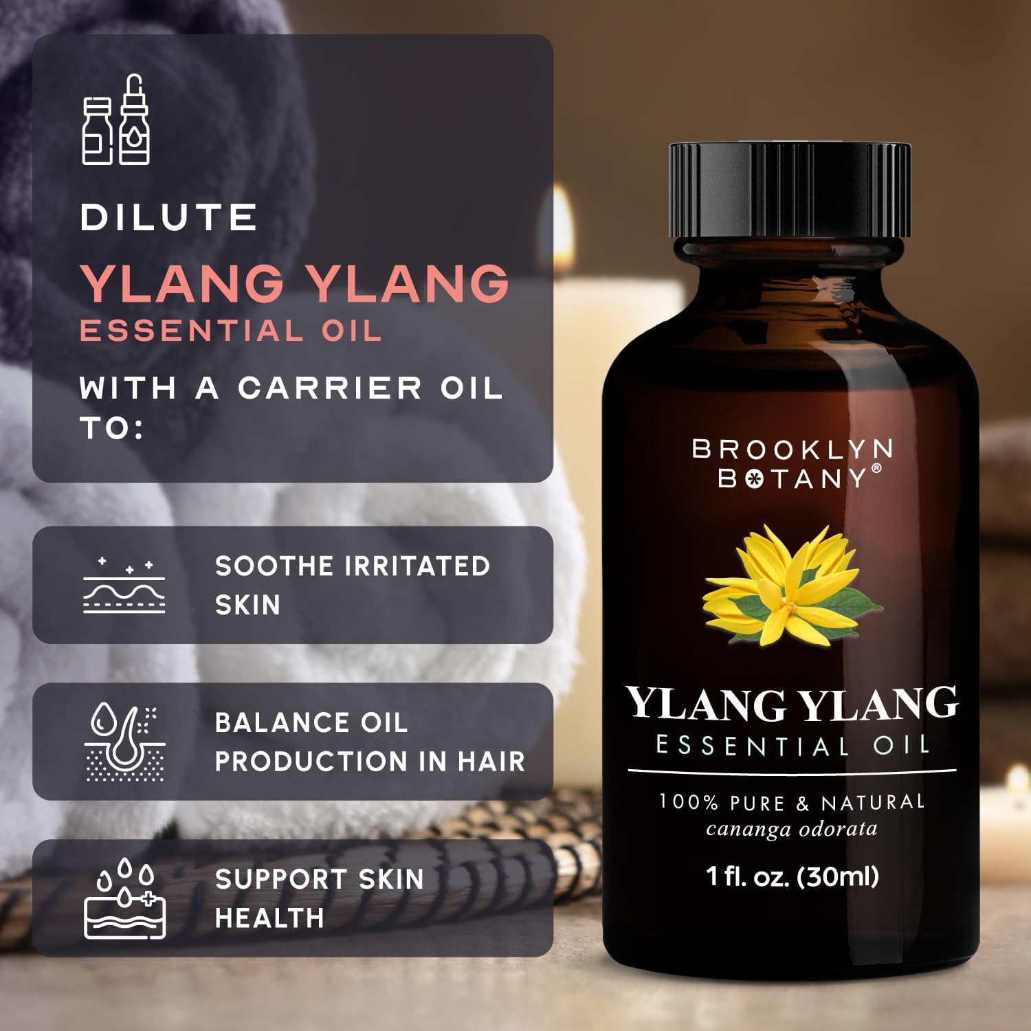 Brooklyn Botany Ylang Ylang Essential Oil - 100% Pure and Natural - Premium Grade Oil with Dropper - for Aromatherapy and Diffuser - 1 Fl Oz