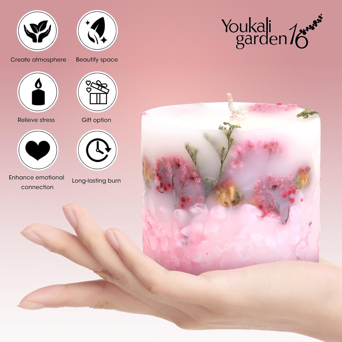 Scented Soy Candle for Women - Long-Lasting Natural Pillar Candle with Dried Flowers - Poured Luxury Candle for Mothers Day Gifts (English Pear & Freesia)