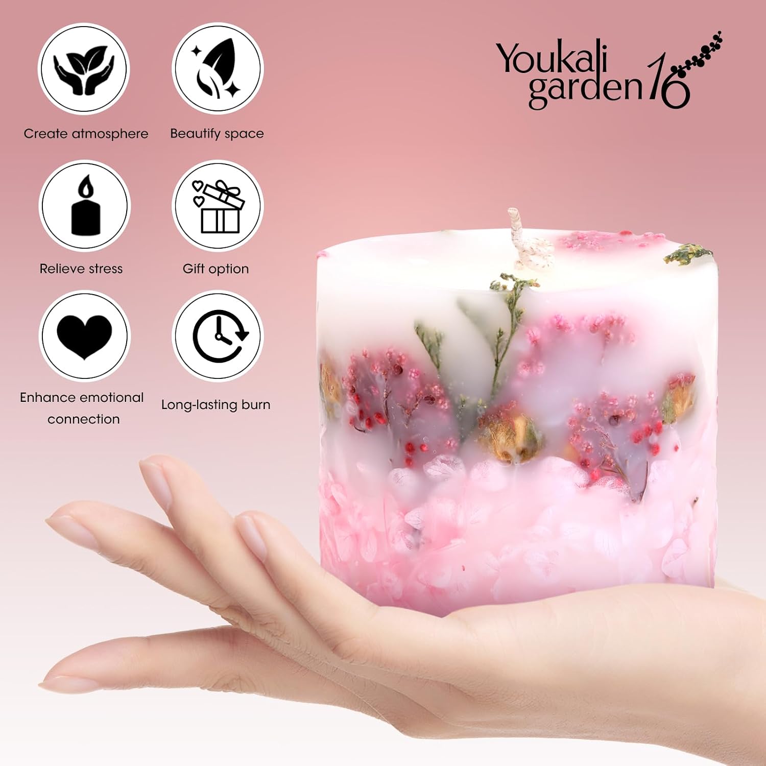 Scented Soy Candle for Women - Long-Lasting Natural Pillar Candle with Dried Flowers - Poured Luxury Candle for Mothers Day Gifts (English Pear & Freesia)