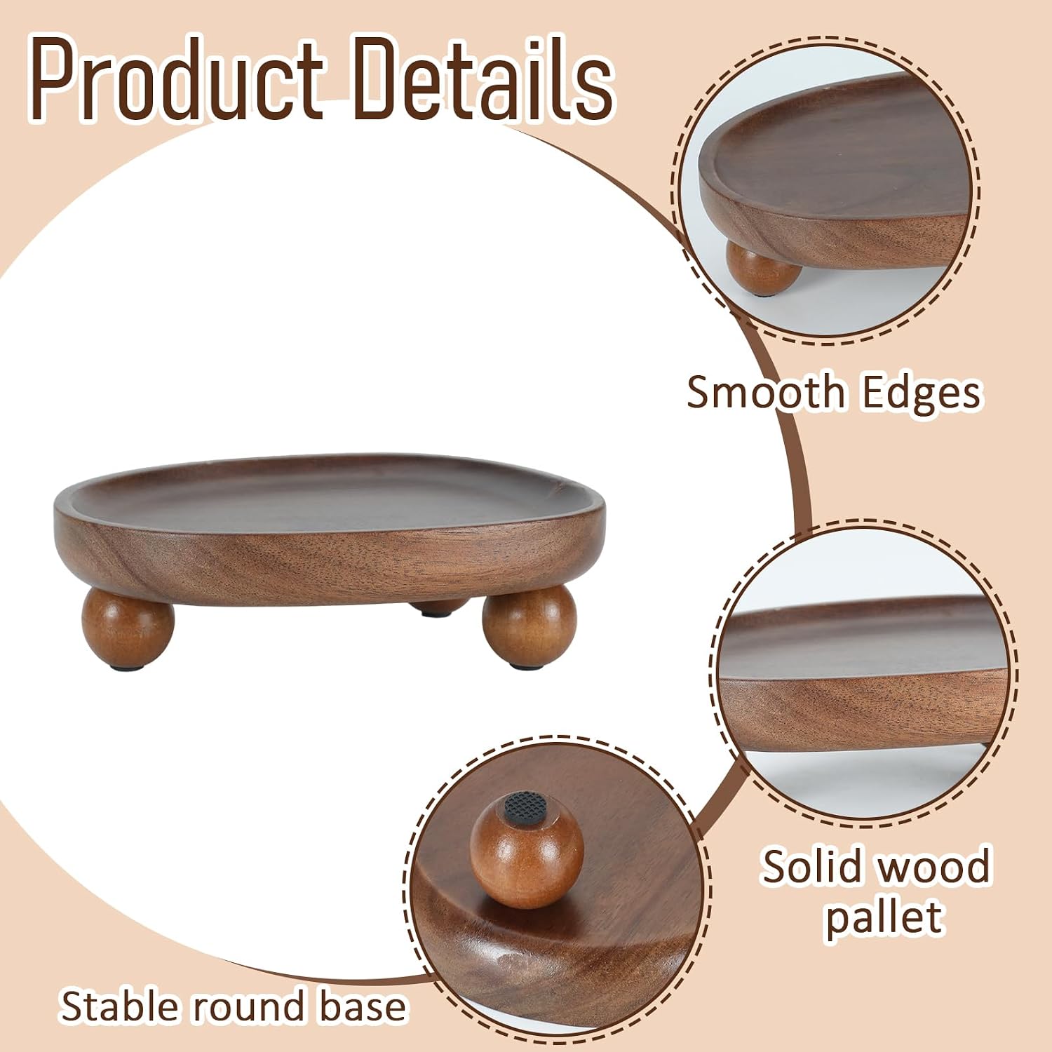 Candle Tray, Wooden Candle Holder with Ball Feet, Decorative Candle Plate Candlestick Holder, Rustic Soap Dish Jewelry Tray for Bathroom, Vanity, Coffee Table, Party, Wedding and Home Decor