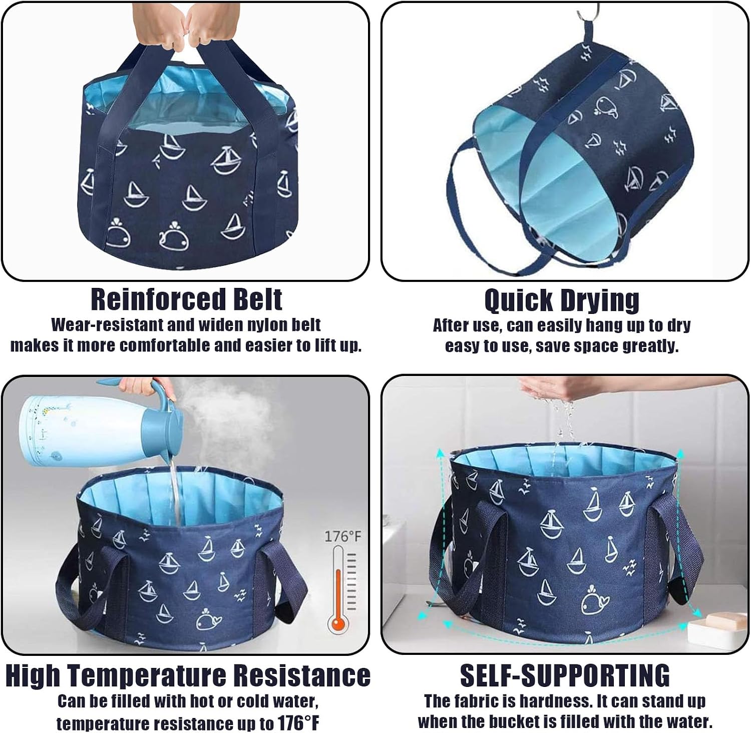 Collapsible Foot Soak Bucket 25L, Portable Foot Bath Basin, Foldable Travel Pedicure Tub, Double-Layer Leak-Resistant PEVA Liner, Reinforced Fabric, Hanging Loop(Blue)