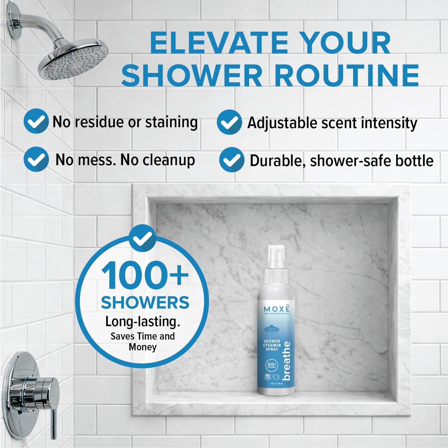 MOXE Breathe Shower Mist, Eucalyptus and Peppermint, Spa Steam Spray, Certified Natural 100% Essential Oils, Made in USA, Aromatherapy, Sinus Congestion Relief, Tension Relief, 4 Ounces (1 Pack)
