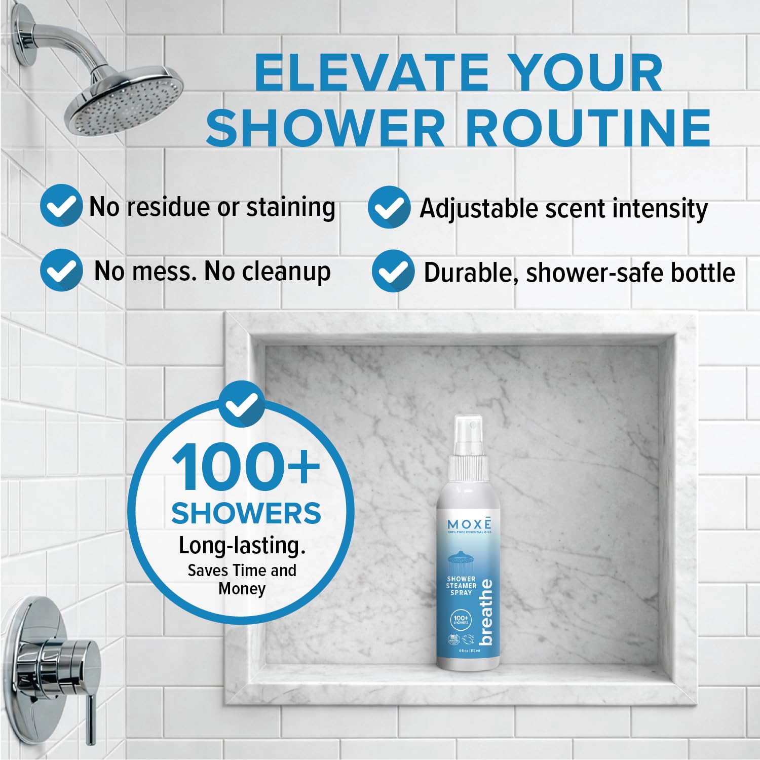 MOXE Breathe Shower Mist, Eucalyptus and Peppermint, Spa Steam Spray, Certified Natural 100% Essential Oils, Made in USA, Aromatherapy, Sinus Congestion Relief, Tension Relief, 4 Ounces (1 Pack)