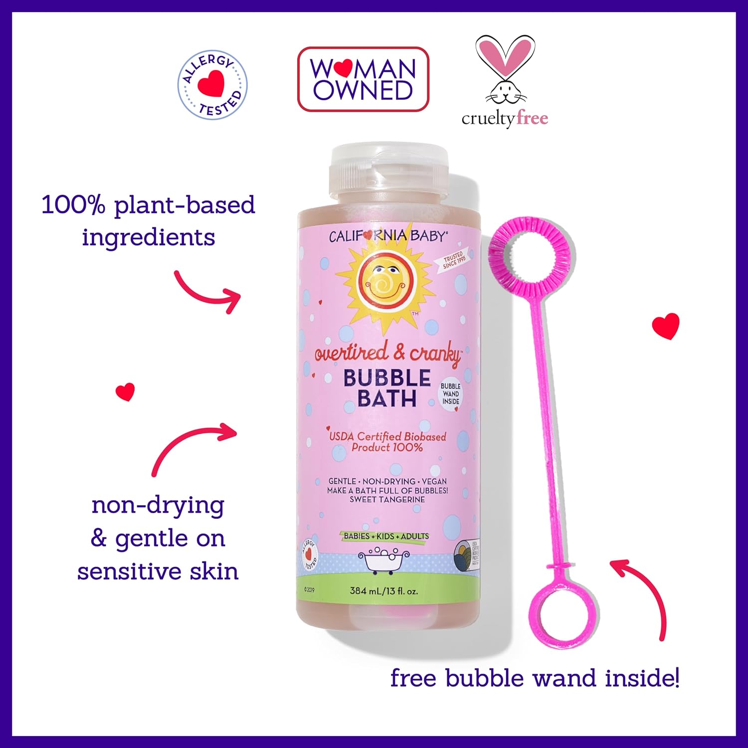 California Baby Overtired & Cranky Bubble Bath | 100% Plant-Based Kids Bubble Bath | Uplifting Scent | Baby Bubble Bath + Bubble Wand | 384 mL / 13oz