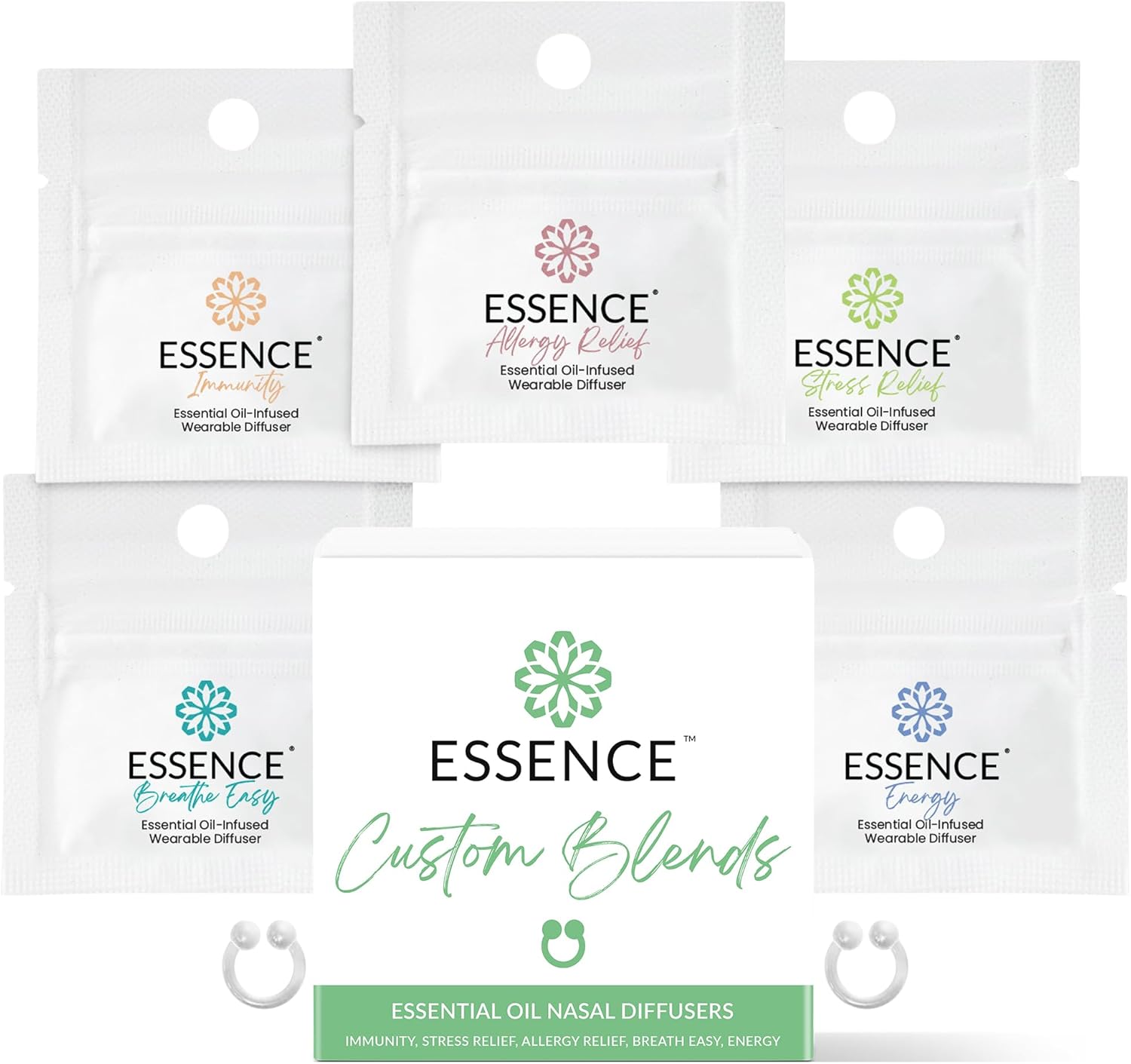 HONÉ Essence Nasal Diffuser Custom Blends Bundle – Essential Oil Silicone Nose Rings for Energy, Immunity, Stress & Allergy Relief – Wearable Aromatherapy for Daily Wellness & Relaxation