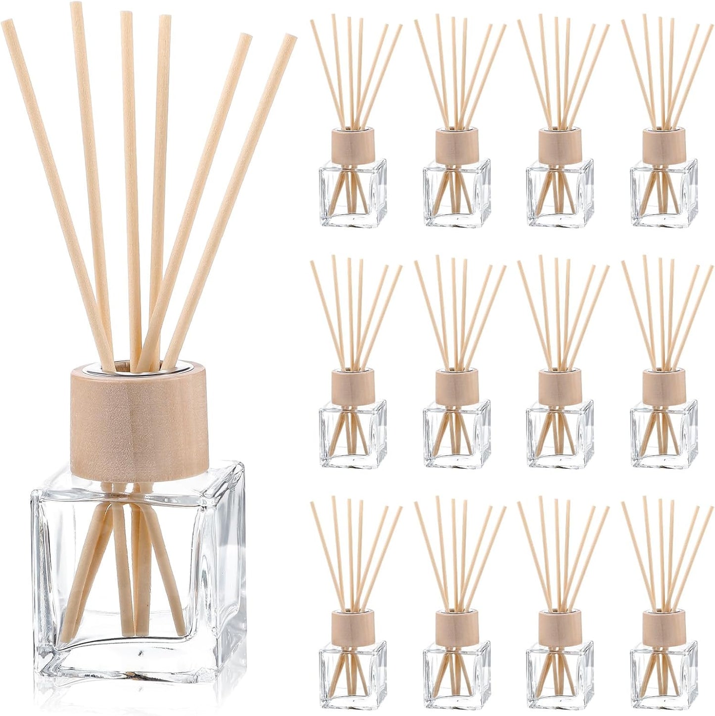 12 Set Reed Diffuser Bottle Empty Fragrance Glass Diffuser Bottles Refillable Diffuser Bottles Set with Wooden Caps Rattan Sticks 50ml 1.7 Oz Glass Jars for Home