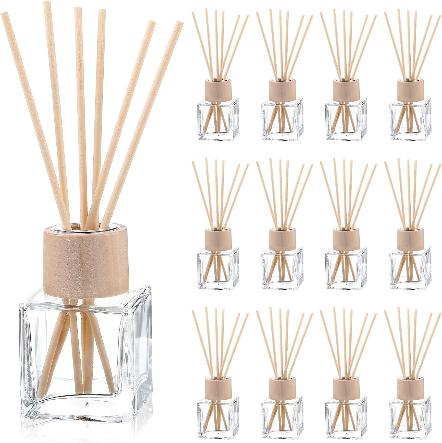 12 Set Reed Diffuser Bottle Empty Fragrance Glass Diffuser Bottles Refillable Diffuser Bottles Set with Wooden Caps Rattan Sticks 50ml 1.7 Oz Glass Jars for Home