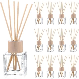 12 Set Reed Diffuser Bottle Empty Fragrance Glass Diffuser Bottles Refillable Diffuser Bottles Set with Wooden Caps Rattan Sticks 50ml 1.7 Oz Glass Jars for Home
