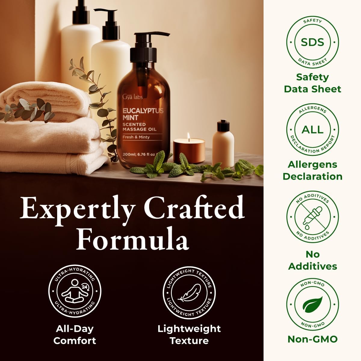 Gya Labs Eucalyptus Mint Massage Oil - 6.76 Fl Oz - Eucalyptus Mint Massage Oil for Sore Muscles and Relaxing Massages, Invigorating Scent - Non-Greasy Formula, Non-GMO and Cruelty-Free