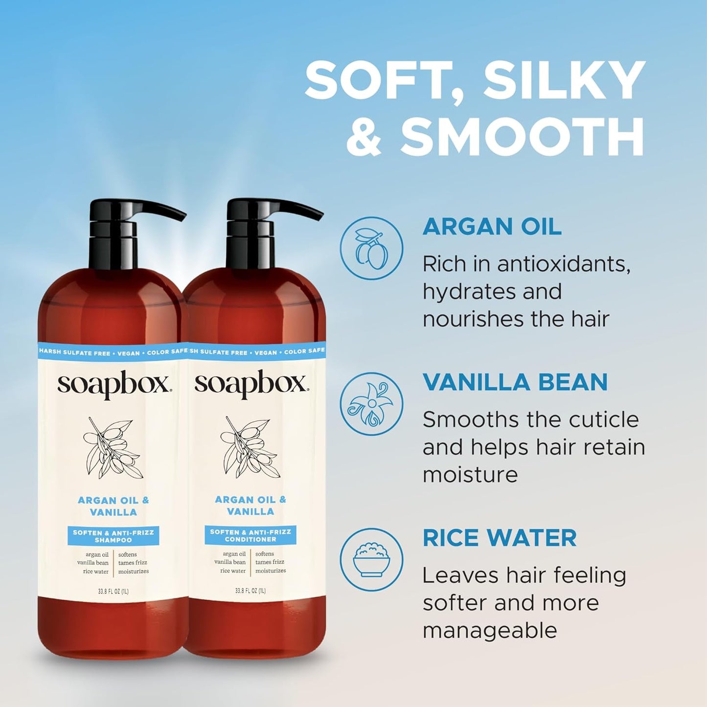 Soapbox Argan Oil & Vanilla Shampoo & Conditioner Set, Leaves Hair Smooth & Controls Frizz - Clean Ingredients Free of Harsh Chemicals, Sulfates, Parabens & Silicones - 1 Liter Each