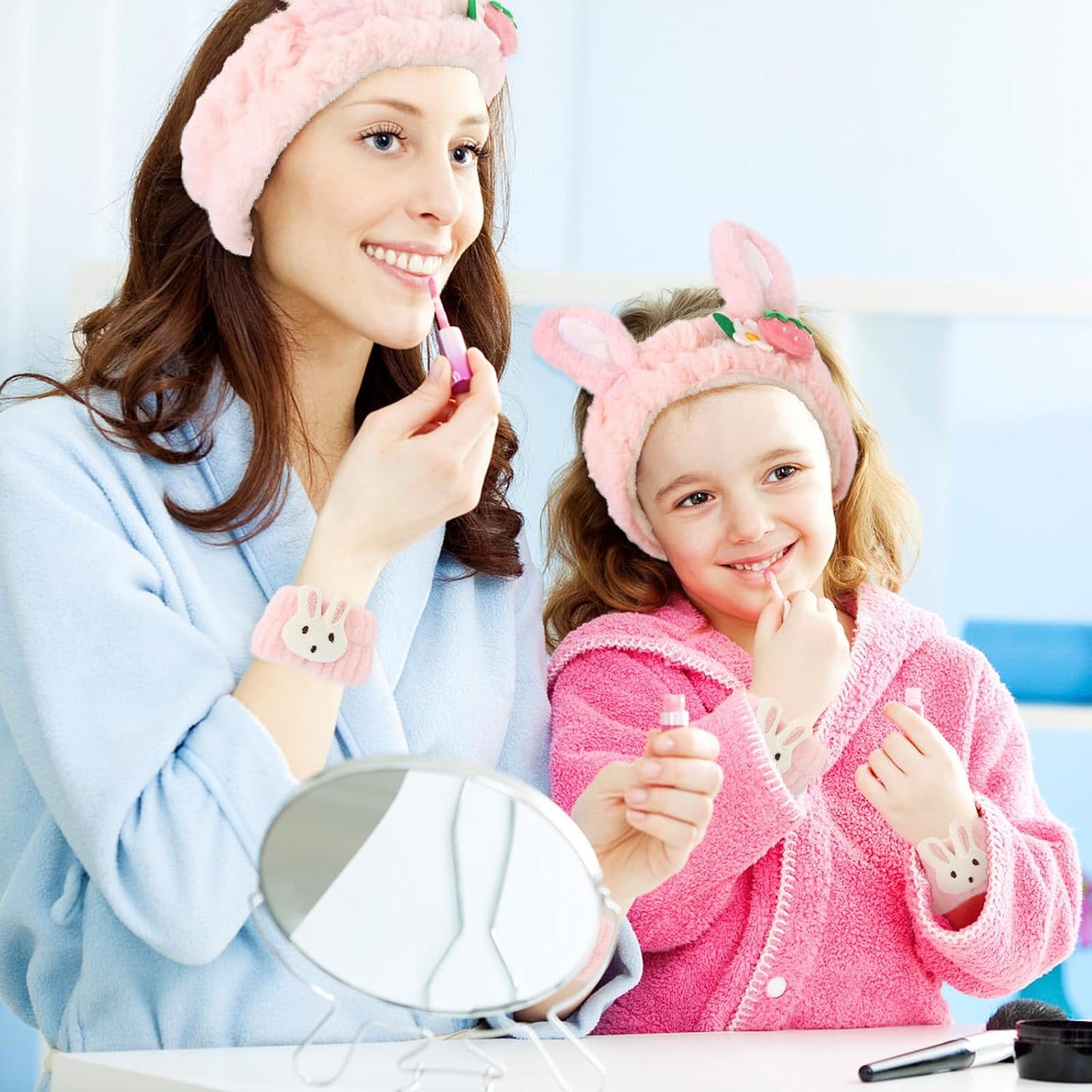 WHAVEL 3PCS Face Wash Headband and Wristband Set, Cute Rabbit Ears Headband for Washing Face Makeup Head band Wrist Towels Arm Bands (pink)