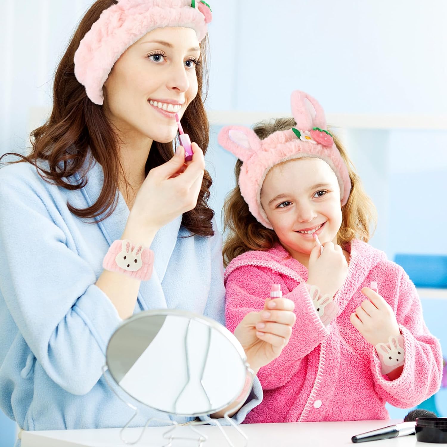 WHAVEL 3PCS Face Wash Headband and Wristband Set, Cute Rabbit Ears Headband for Washing Face Makeup Head band Wrist Towels Arm Bands (pink)