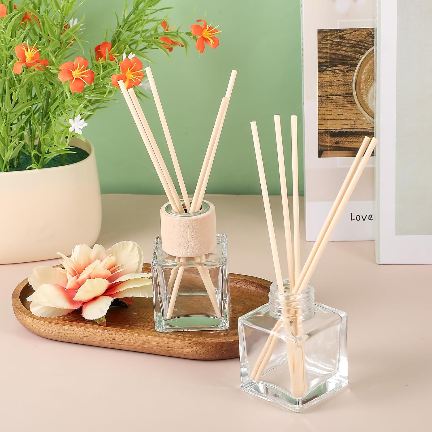 12 Set Reed Diffuser Bottle Empty Fragrance Glass Diffuser Bottles Refillable Diffuser Bottles Set with Wooden Caps Rattan Sticks 50ml 1.7 Oz Glass Jars for Home