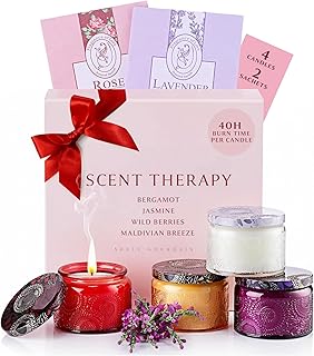 ADELEGOURDAIN Aromatherapy Scented Gift Set - 4 Soy Wax Candles & 2 Fragrance Sachets - Calming Jasmine, Bergamot, Berry & Breeze Scents in Glass Jars - Home, Bath & Relaxation Mother's Day Presents