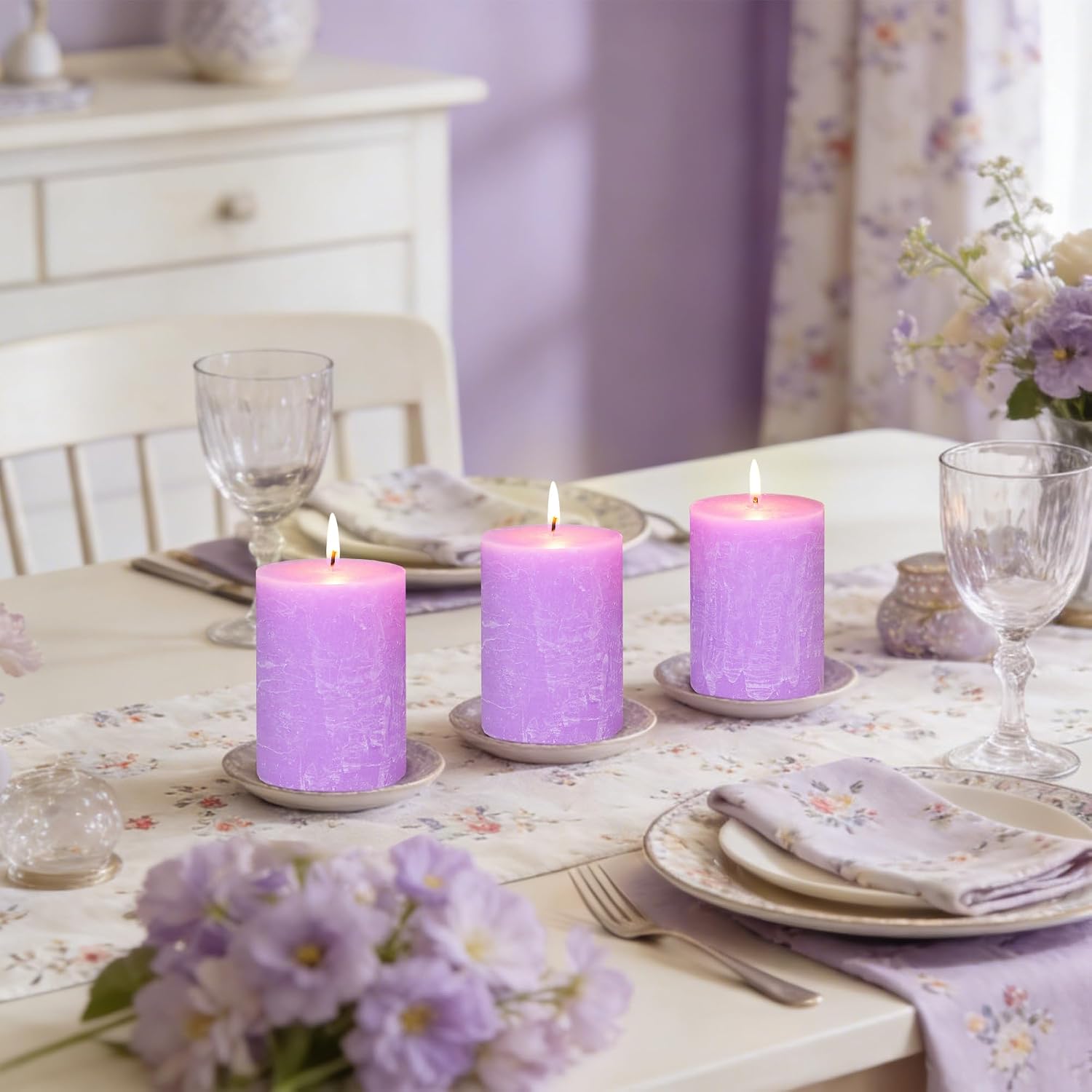 Purple Pillar Candles 3x4 Inch 100% Cotton Core Smokeless Dripless Handmade Lavender Scented 50H+ Long Burning1PC Aromatherapy Candle, Spring Home Decor, Dinner Table, Bathroom, Rustic Decor, Set of 3