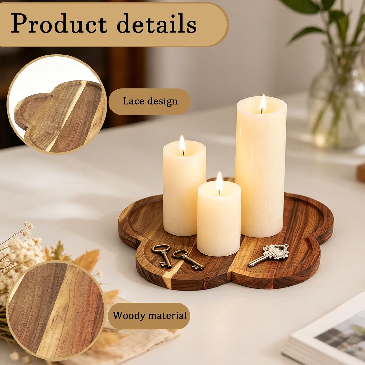 11.8" Acacia Wood Flower-Shaped Tray, Wooden Candle Tray, Decorative Candle Holder Candle Plate Jewelry Organizer, Farmhouse Serving Tray for Food, Drinks, Jewelry, Key, Vanity & Home Decor