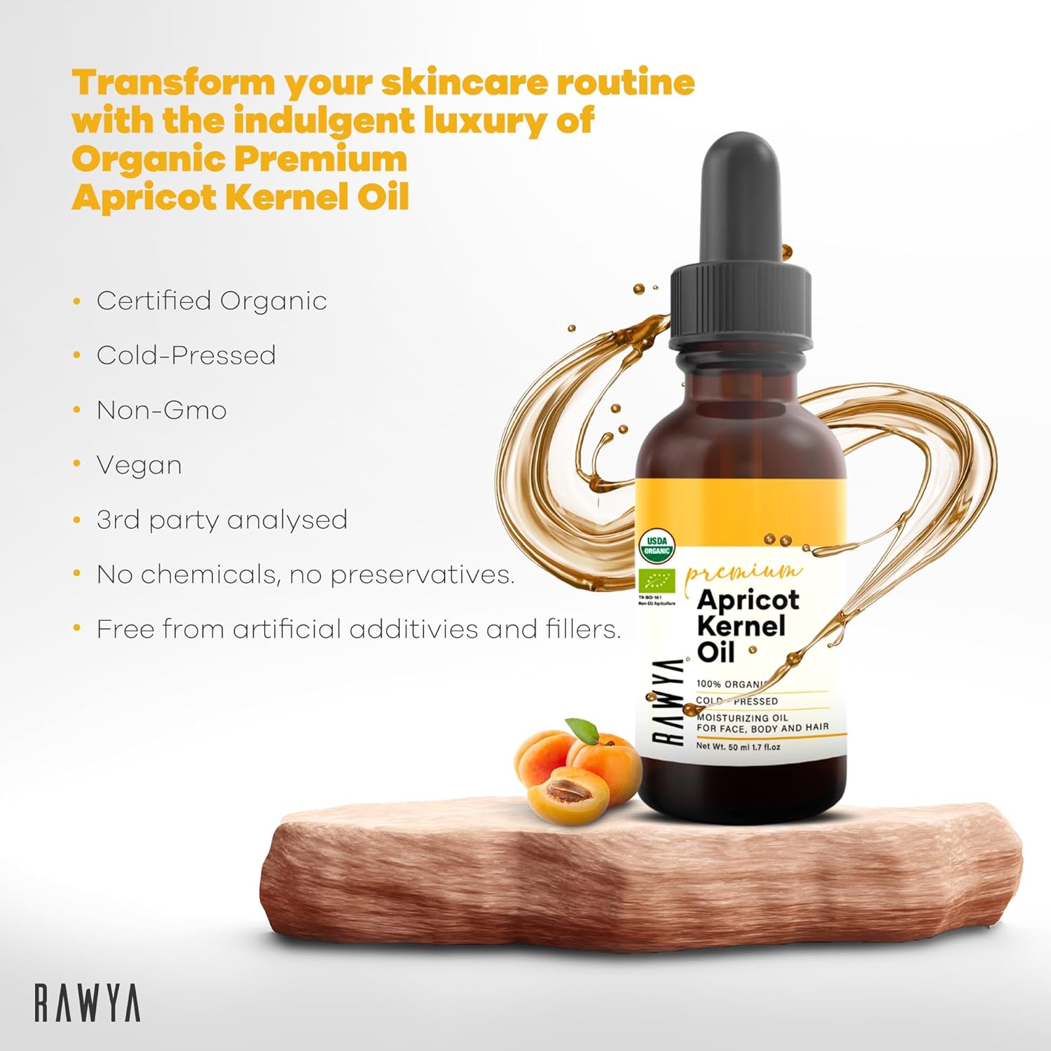 RAWYA Apricot Seed Oil - Cold-Pressed - USDA Organic, Unrefined - Premium Moisturizer Oil for Hair and Skin - Lightweight Texture - Rich in Vitamins A & E - All Skin Type - Glass Bottle - 1.7 Oz