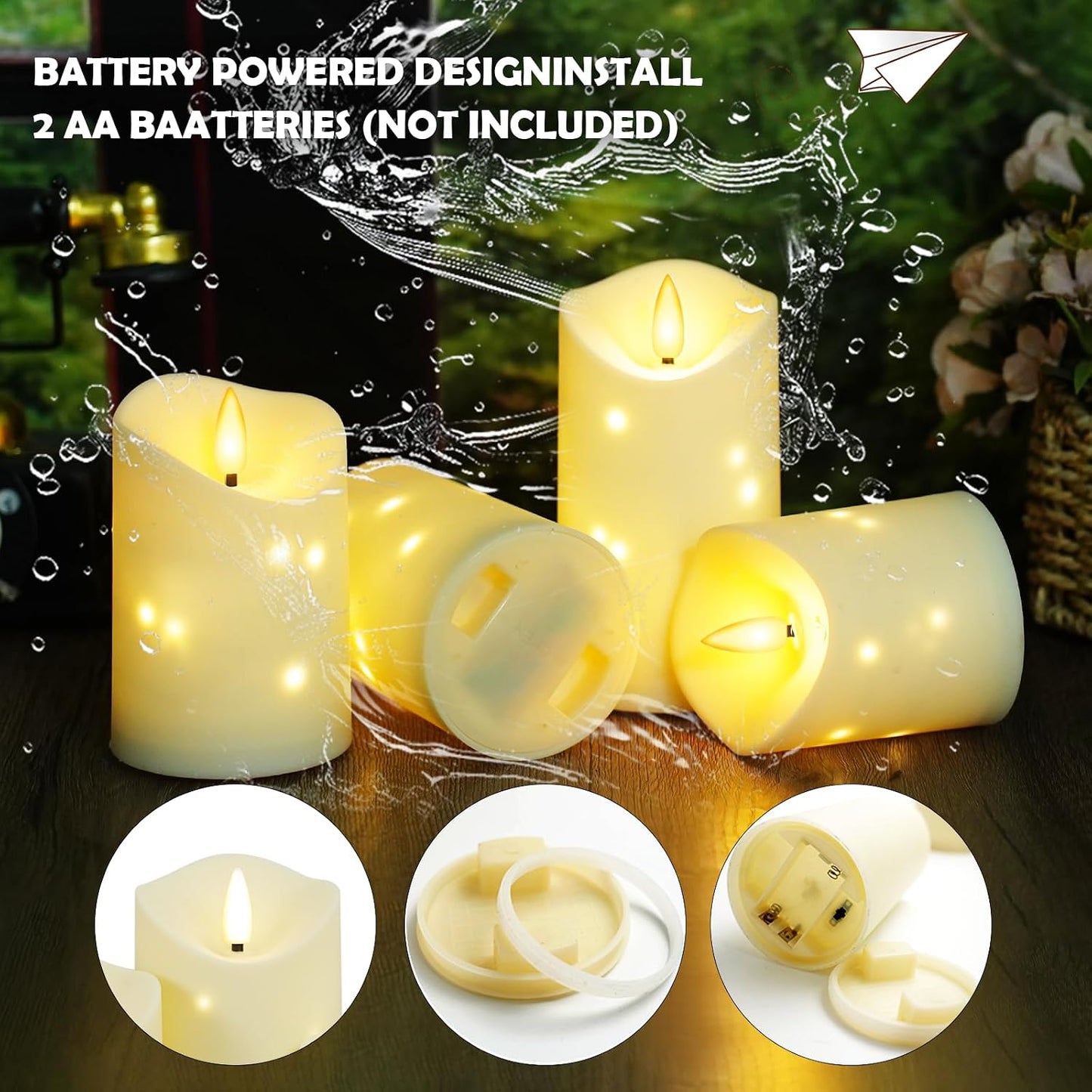 kakoya Outdoor Waterproof Flickering Flameless Candles with Embedded Star String,3Pcs LED Pillar Candles Battery Operated with Remote and Timers for Courtyard,Porch,Camping,Holiday Decoration(Ivory)