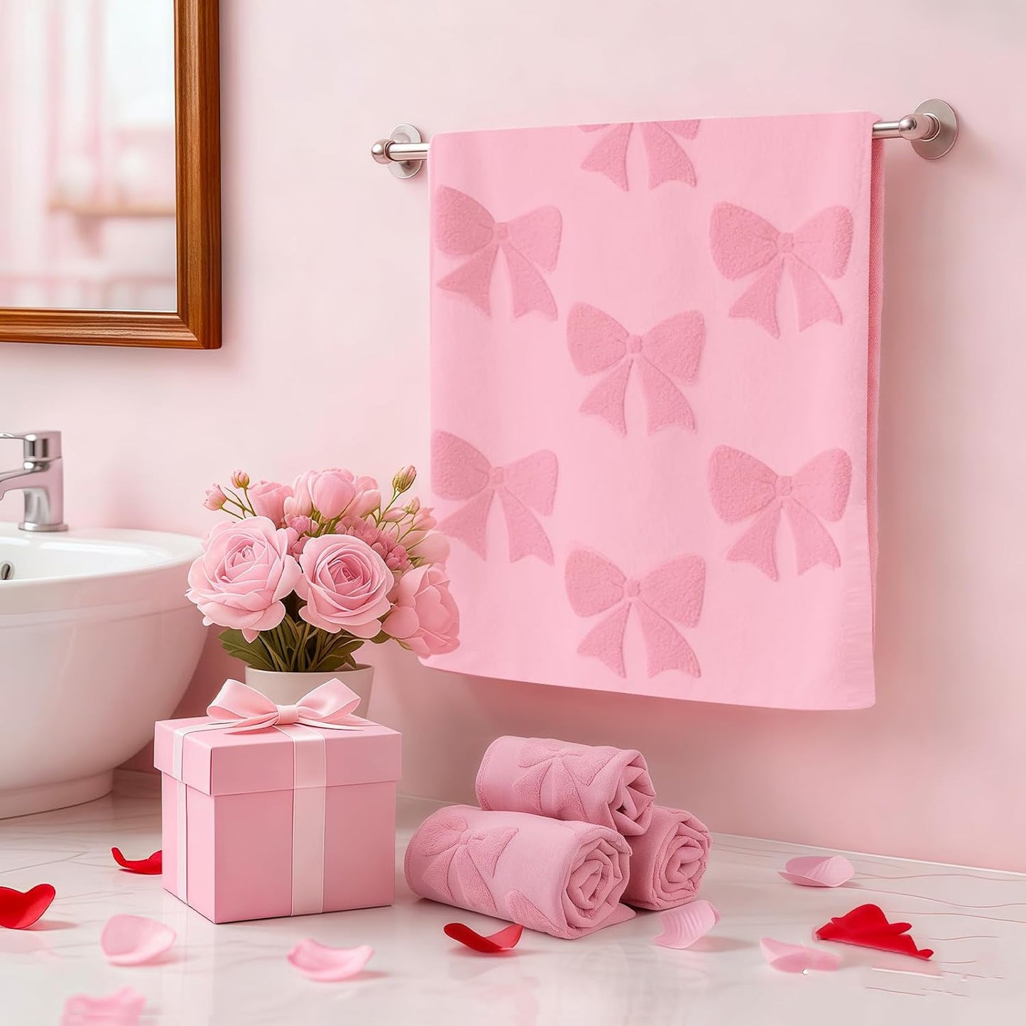 NZNDB 4 Pack Cotton Towel Set, Contains 2 Hand Towels 14x30in & 2 Wash Coths 14x14in, Pink Soft Bathroom Bow Towel Set, Highly Absorbent & Lightweight, Preppy Bath Decor Wedding Gift