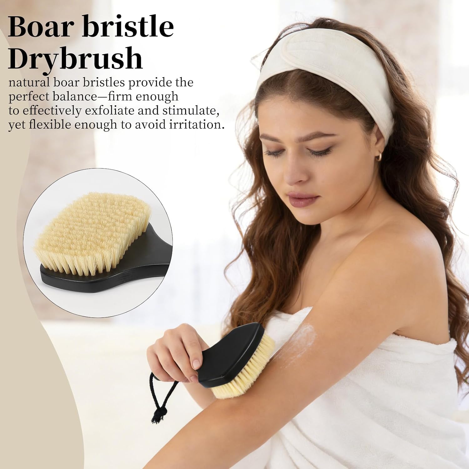 DEBETOOL Dry Brushing Body Brush for Exfoliating - Natural Boar Bristle Lymphatic Drainage Brush for Body Care, Removes Flaky Skin & Improves Blood Circulation