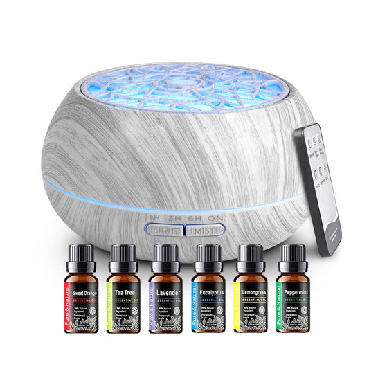 550ml Large Capacity Essential Oil Diffuser 6 Essentil Oil Set Aromatherapy Ultrasonic Air Humidifier with Timer and 7 Color