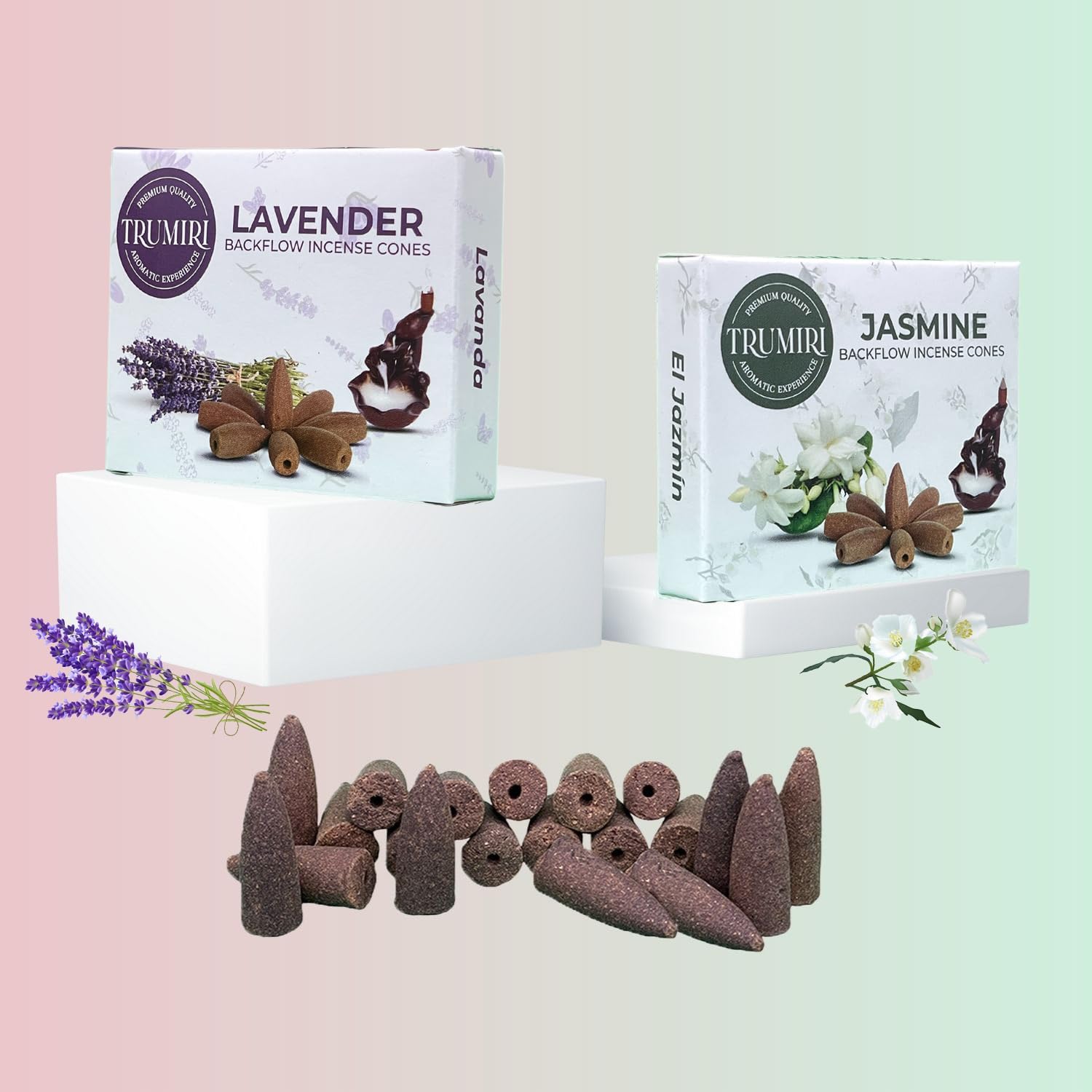 TRUMIRI Backflow Incense Cones - Combo Pack of 20 Incense Cones Waterfall - 10 Lavender + 10 Jasmine - Incense Backflow Cones - Waterfall Incense Cones - Incense Waterfall Cones