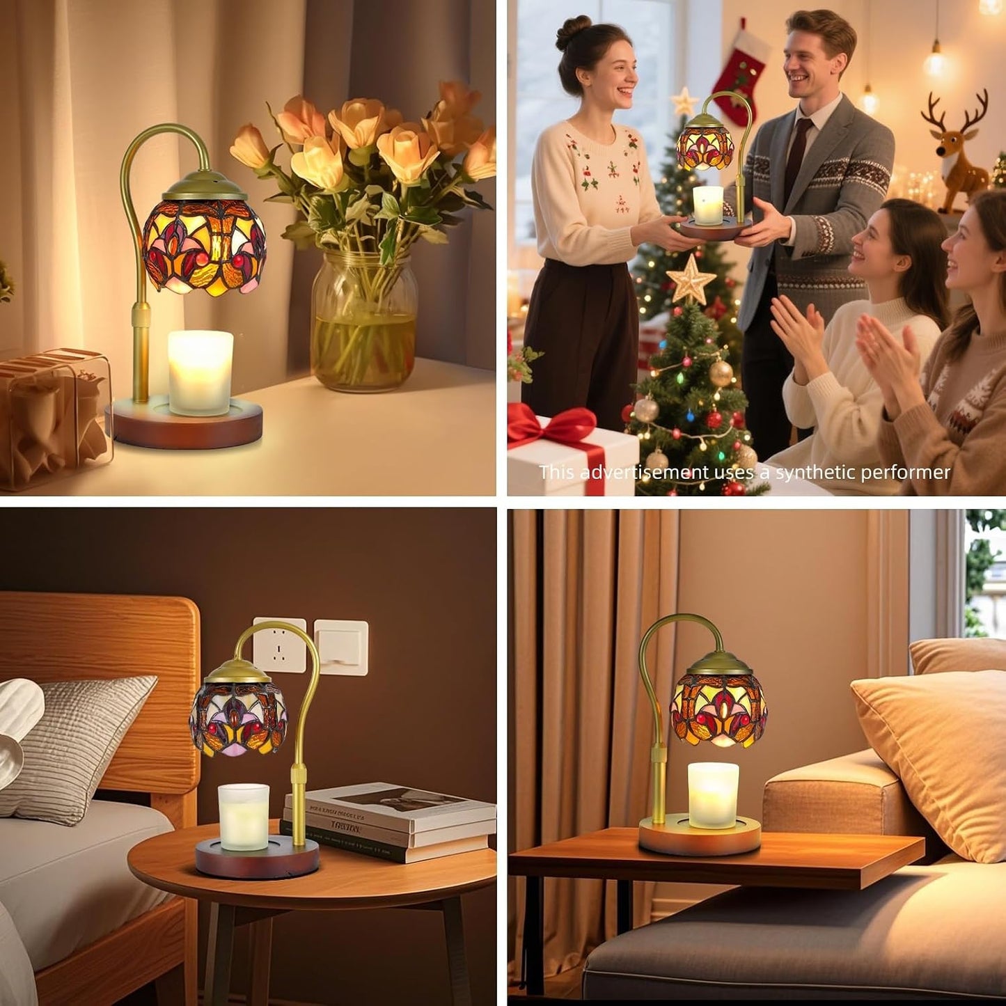 Baroque Tiffany Style Candle Warmer Lamp with 2 Bulbs - Handcrafted Stained Glass, Height-Adjustable, Timer & 4 Dimmer Levels, No Assembly Required, Fits Jars up to 5"