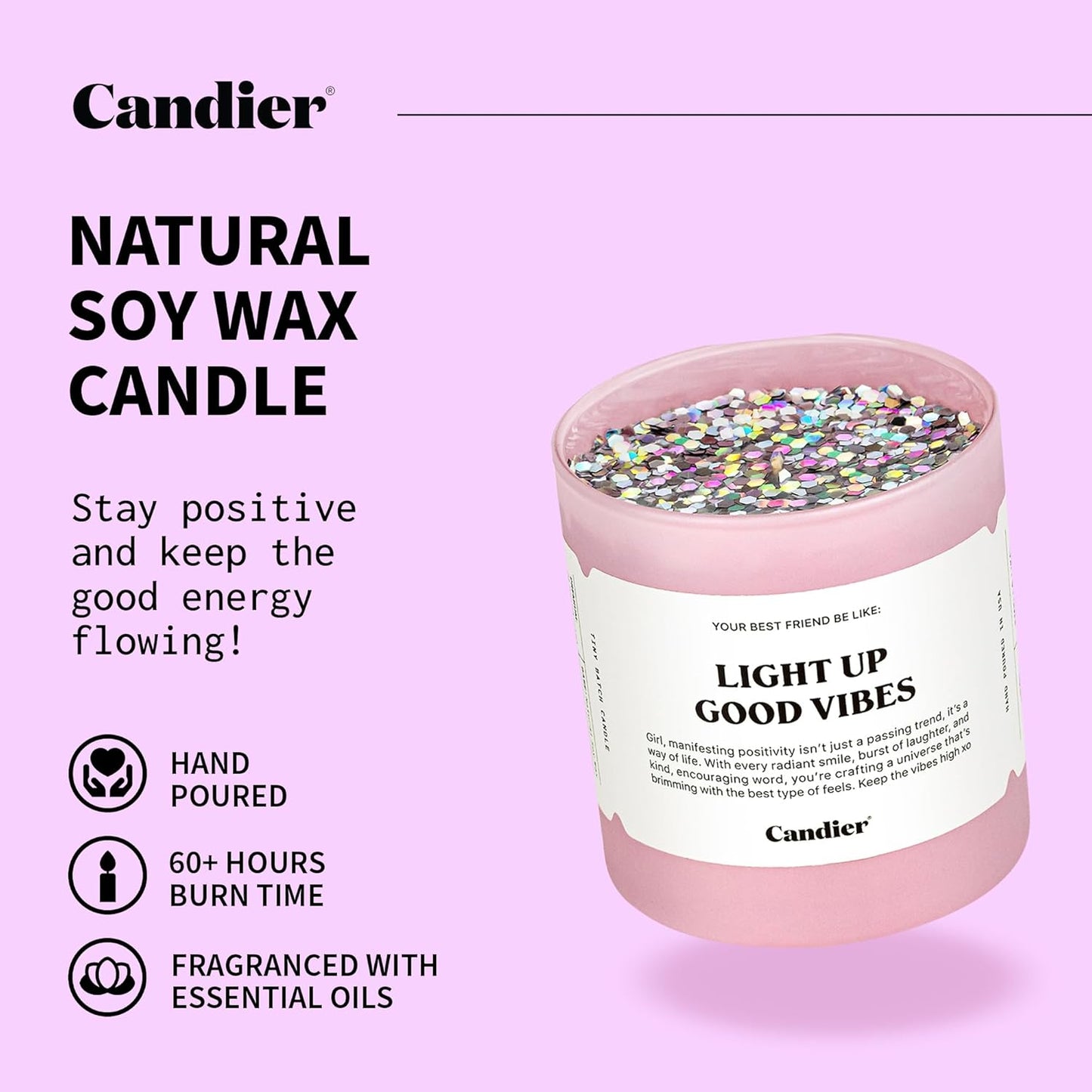 Light Up Good Vibes Candle, Scented Soy Candle with 60+ Hours Burn Time, Vegan-Friendly Pink Candle for Any Occasion, Candles for Women & Men - Candier