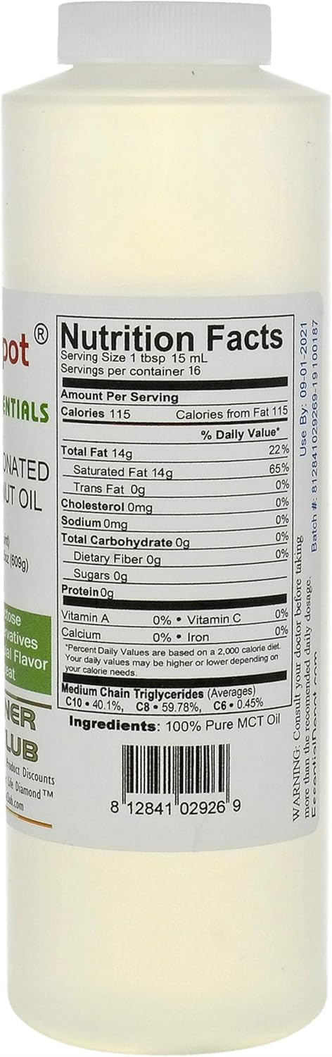 Coconut Oil - Fractionated - MCT (medium-chain triglycerides) - 1 Pint (16 oz) - liquid - Food Grade - Safety Sealed Resealable HDPE Container, Microwave Safe (remove foil seal), Freezer Safe