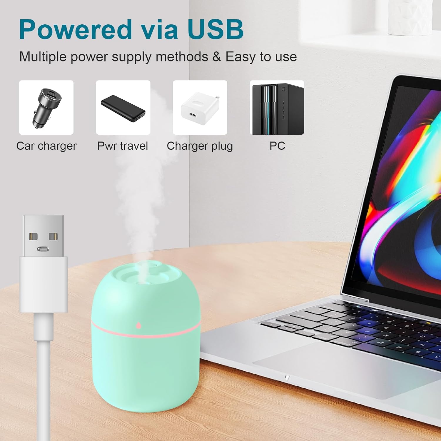 Portable Small Humidifier, USB Personal Desktop Humidifier for Car, Office Room, Bedroom, Auto Shut-Off, 2 Mist Modes, Super Quiet, 220ml, Green