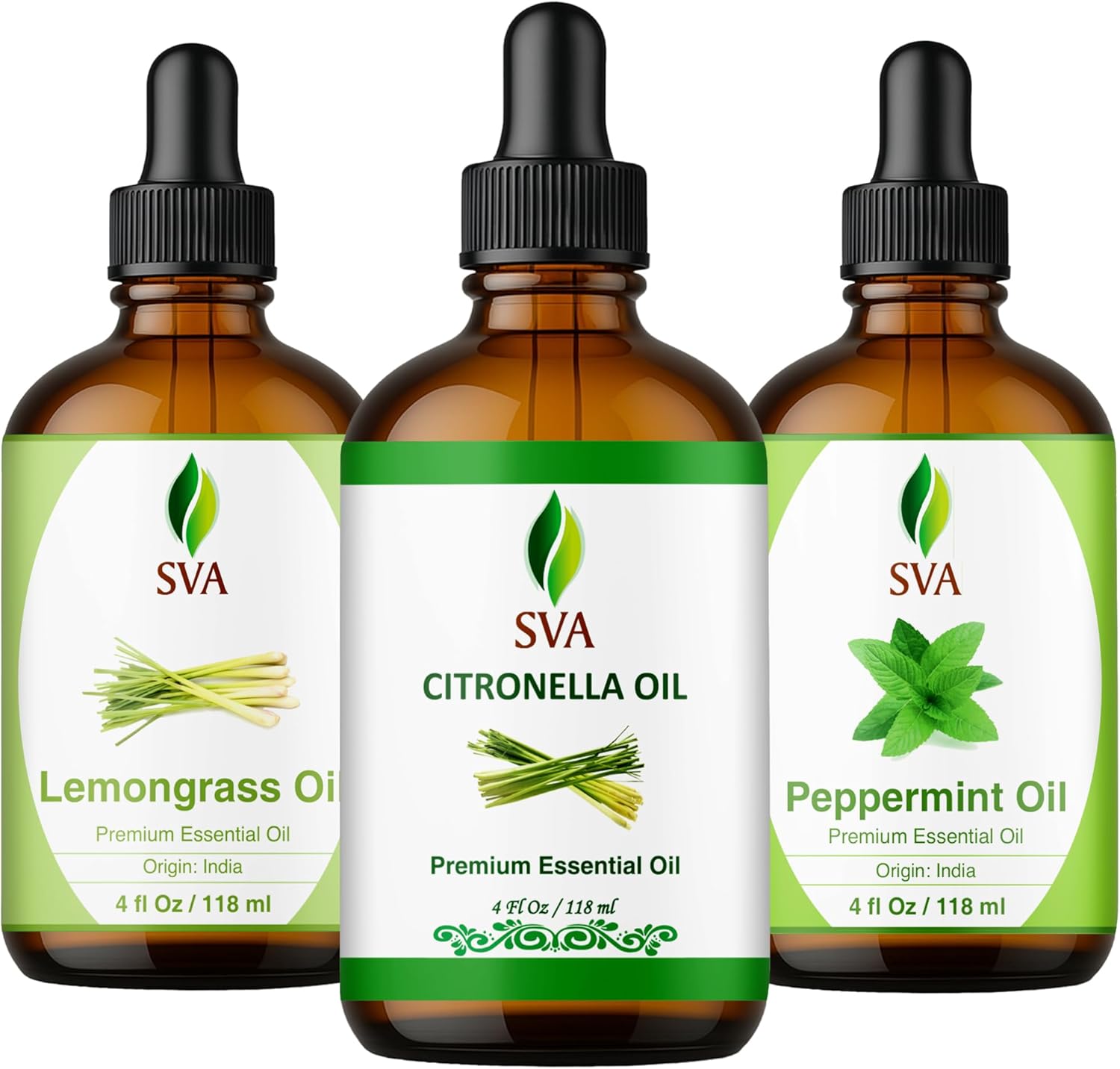 SVA Citronella, Lemongrass, and Peppermint Essential Oil 4 oz Bundle Super Saver Combo – Premium Grade Value Set for Hair Oiling, Scalp Massage, Hair Care, Skin Care and Body Massage