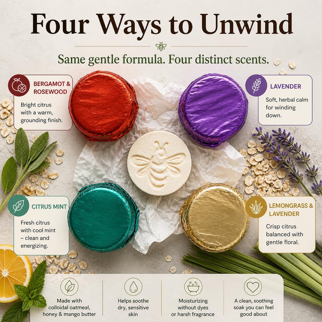 Bath Bombs for Sensitive Skin – Oatmeal & Honey Moisturizing Soak, No Dyes, No Tub Stains, 4 Scent Variety Pack (Lavender, Citrus Mint, Bergamot, Lemongrass)