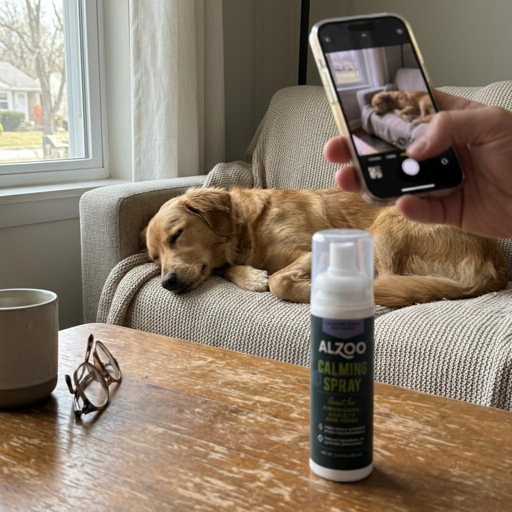 ALZOO Calming Spray for Dogs, Helps to Relieve Stress from Separation Anxiety, Travel, Vet Visits, Fireworks, etc., 100% Plant-Based Active Ingredients, 3.4 Fl. Oz Spray Bottle