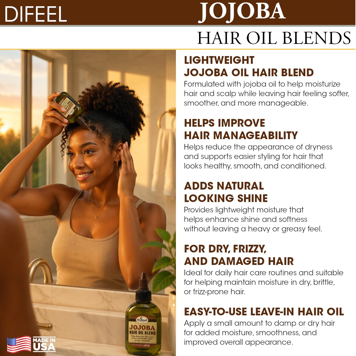 Difeel Jojoba Oil Hair Oil Blend - Travel Size 2.5 oz. - Lightweight Hair &amp; Scalp Moisturizing Oil for Dry, Damaged &amp; Frizzy Hair, Adds Shine &amp; Softness