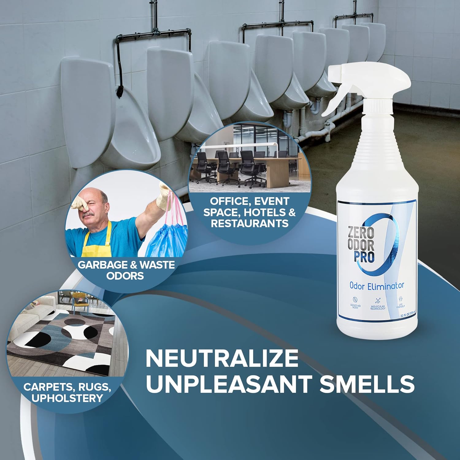 Zero Odor Pro Commercial Strength Odor Eliminator, Room Deodorizer and Air Freshener, Trigger Spray, 32 oz, White/Blue
