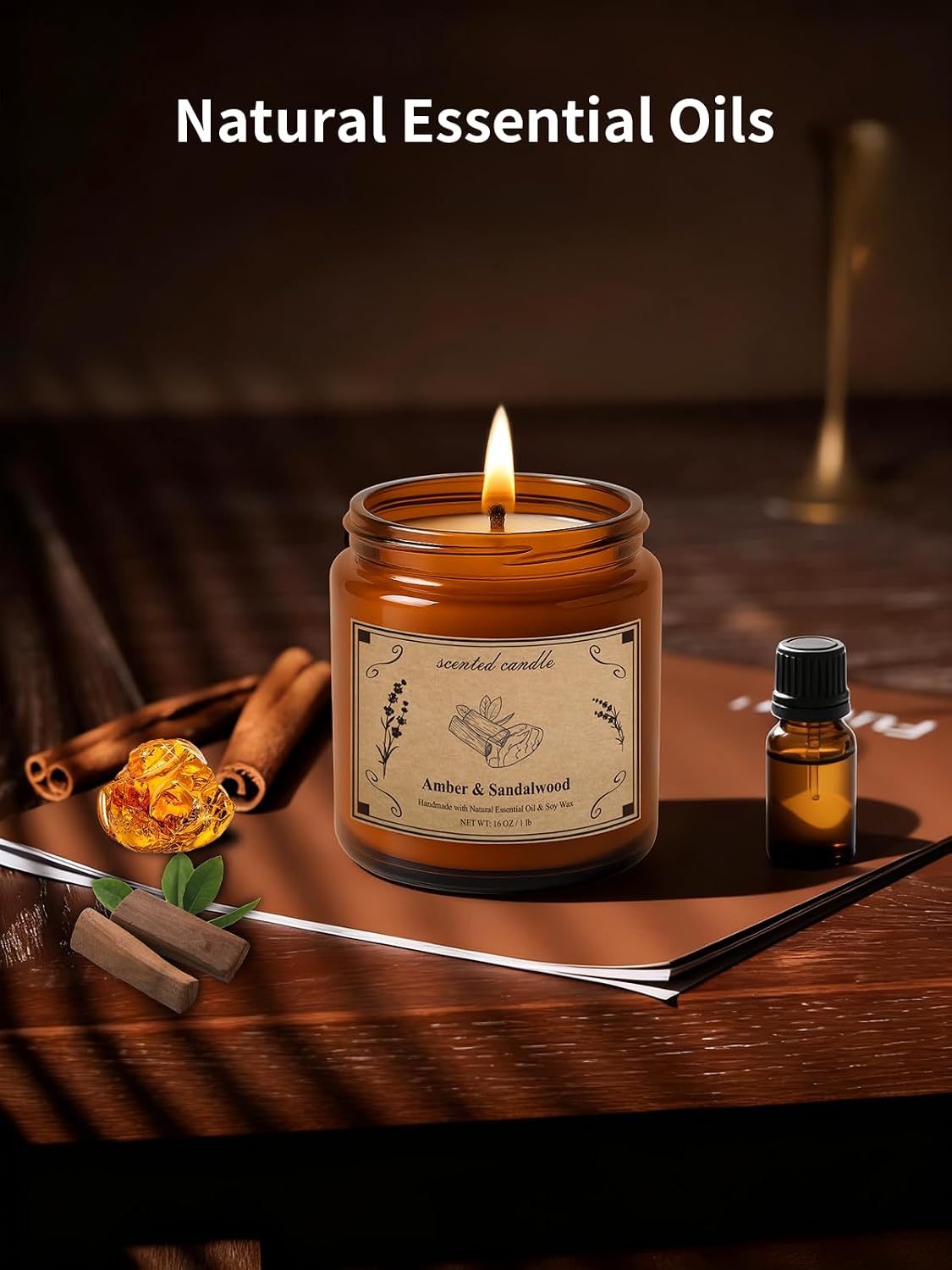 Scented Candles, 16oz Large Jar Soy Wax Candle – Amber & Sandalwood with Premium Plant Wax Blend for Consistent Burn, Aromatherapy Candle for Home Scented, Relaxation and Gift for Women/Men