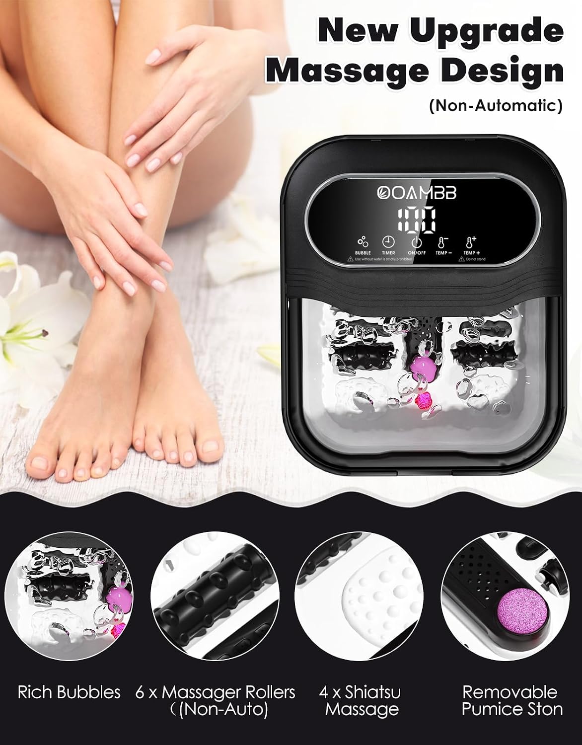 OOAMBB Collapsible Foot Spa with Heat, Bubble, Temp Control, Remote, Foot Bath Massager with XL Touch Screen and Massage Rollers, Foot Soaking Tub, Pedicure Foot spa for Stress Relief (Black+Green)