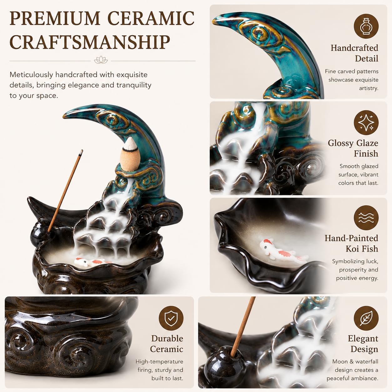 Ceramic Incense Holder Backflow Handcraft Moon Incense Burner with 30 Incense Cones 1 Tweezer 1 Mat 30 Incense Sticks for Home Decoration Ornament Aromatherapy and Meditation