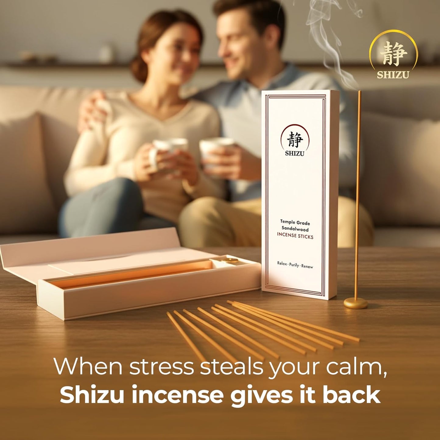 Shizu Sandalwood Incense Sticks – Artisanal Temple Grade Japanese Incense with Brass Holder – Subtle, Calming Scent for Relaxation, Meditation & Home Spa, Elegant Gift Set (60 Sticks)