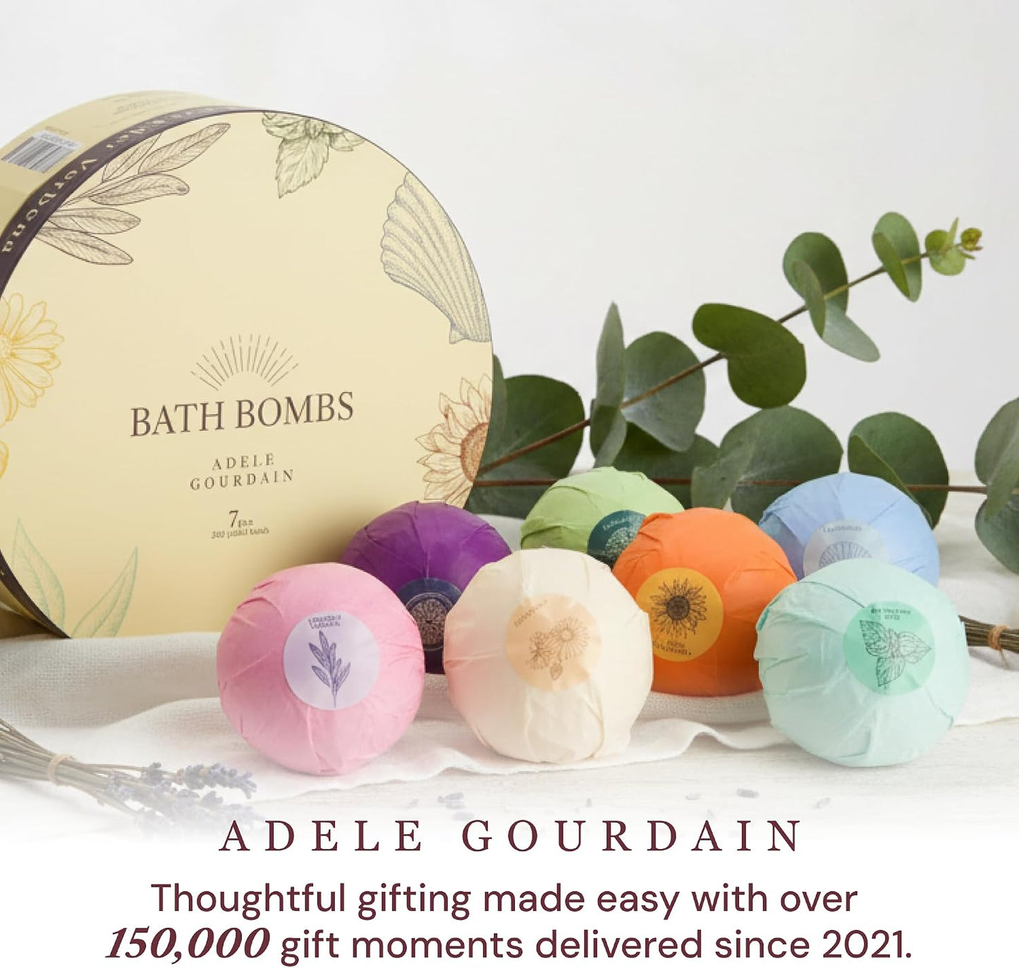 ADELEGOURDAIN Bath Bombs Set 7 pcs - Gift Set for Women, 200g Extra Large Oversized, Mineral Bath Bombs for Sensitive Skin, Gift Set Box for Her Birthday
