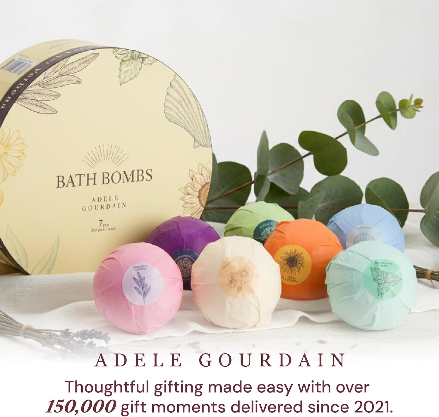 ADELEGOURDAIN Bath Bombs Set 7 pcs - Gift Set for Women, 200g Extra Large Oversized, Mineral Bath Bombs for Sensitive Skin, Gift Set Box for Her Birthday
