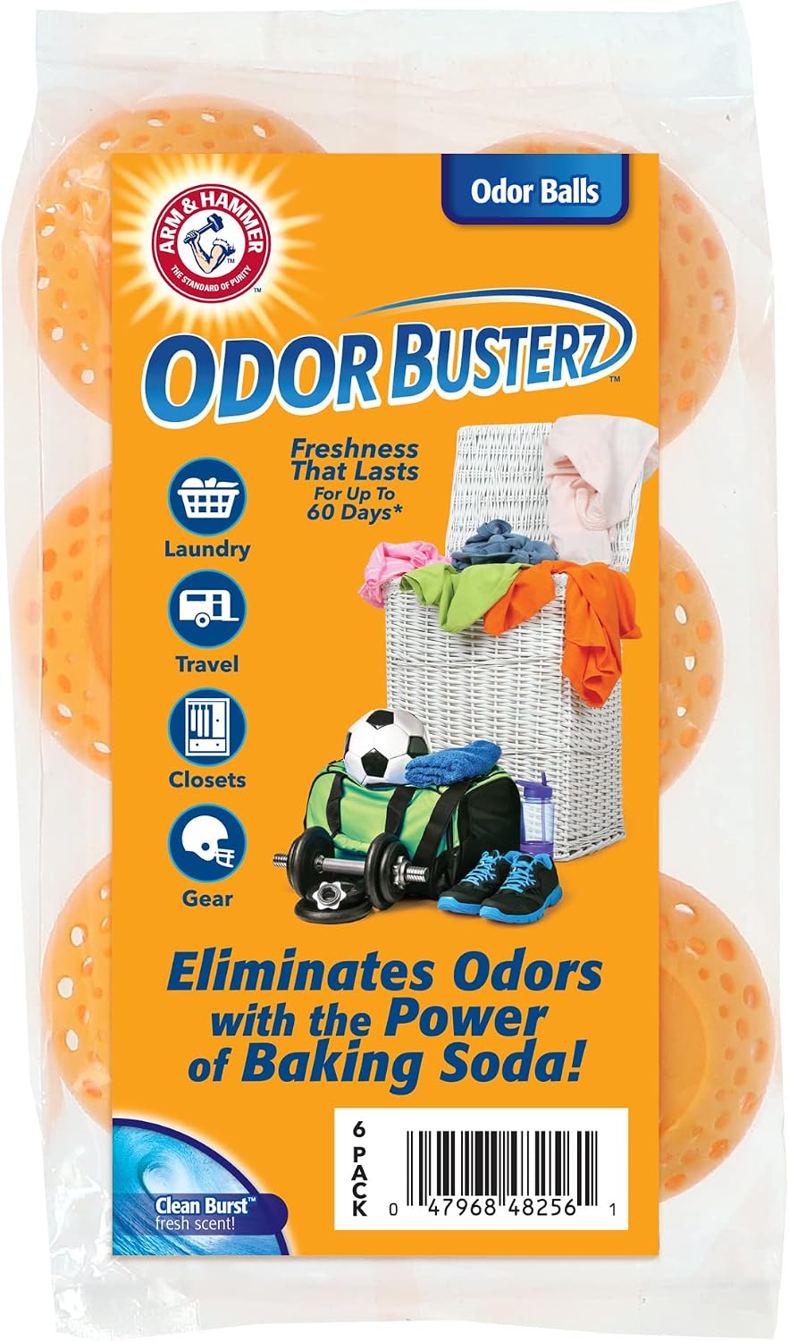 Arm & Hammer OdorBusterz® Odor Eliminator Balls, Clean Burst, 6 Count – Baking Soda Odor Control for Closets, Drawers, Hampers & Small Spaces