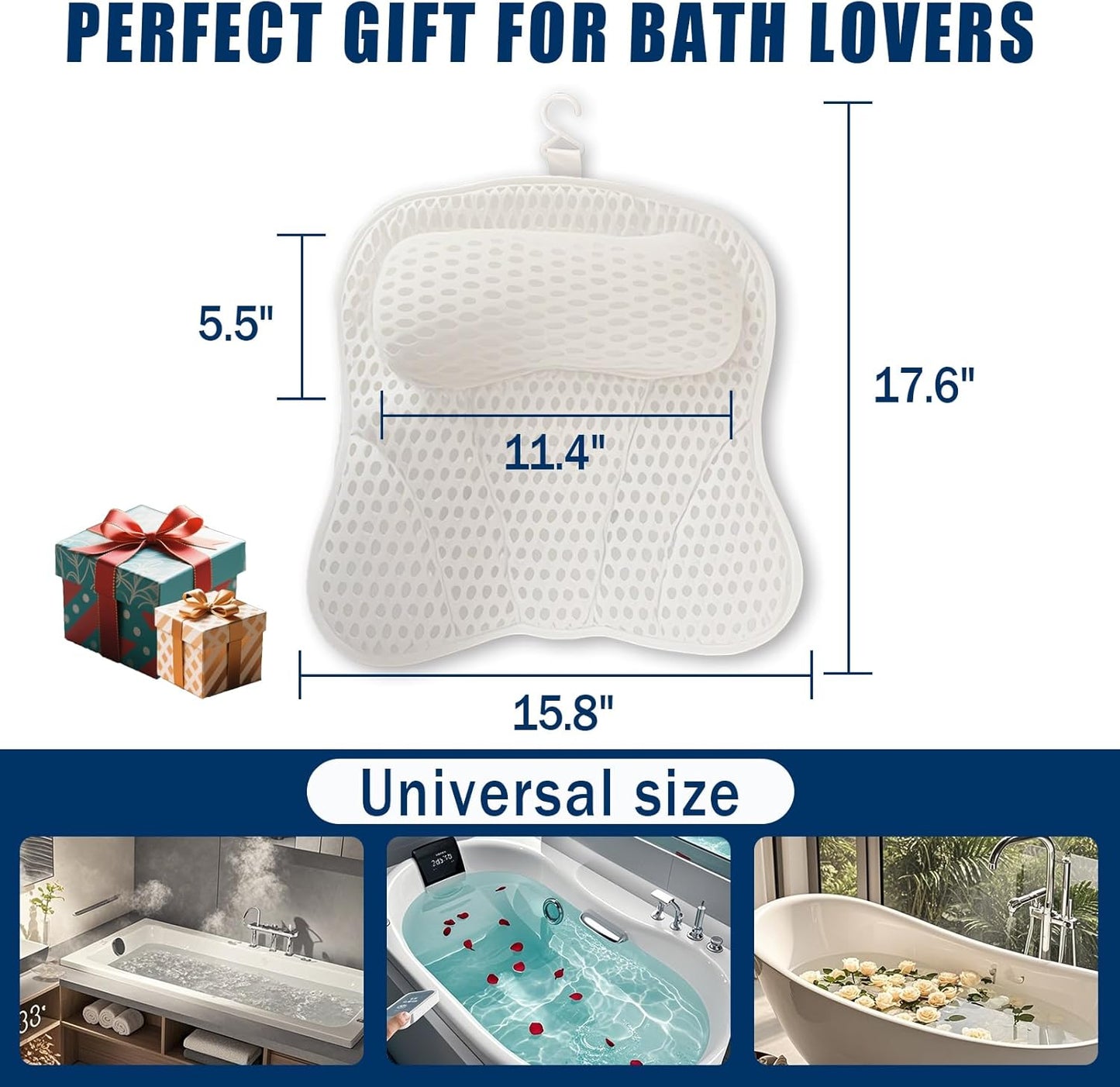 Bath Pillow Bathtub Pillow, Thick Padded Ergonomic Bathtub Headrest for Tub Neck and Back Support with Soft 4D Mesh Fabric and Six Non-Slip Suction Cups, Bath Pillows for Bath Accessories